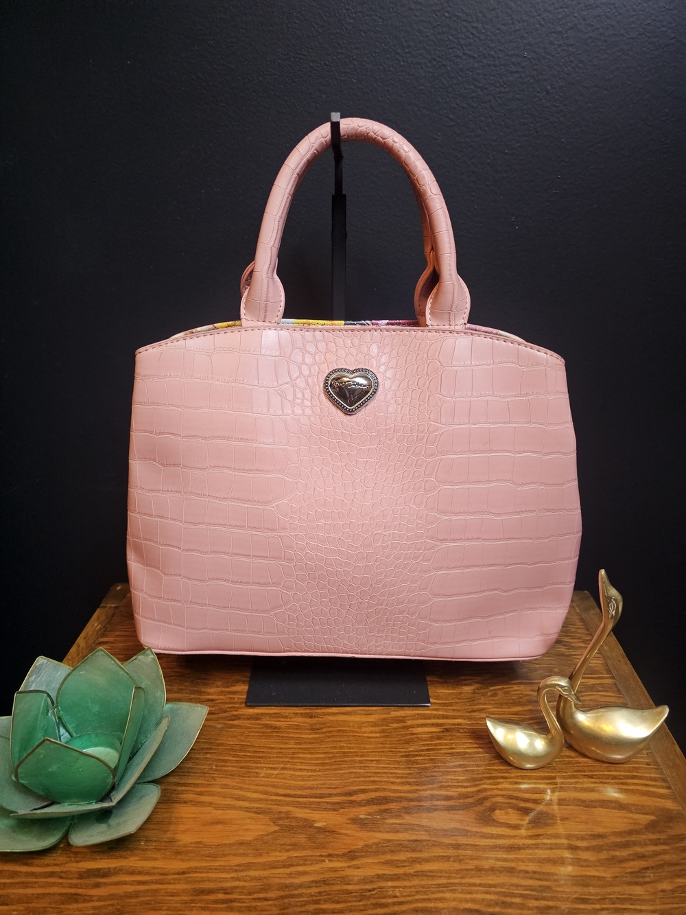 Betsey Johnson Pink Croc-Embossed Tote with Heart Emblem